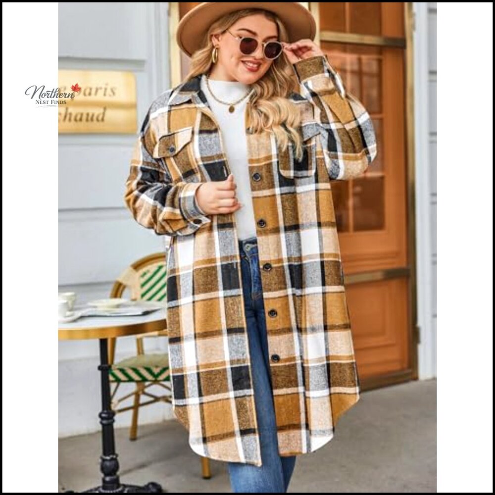 Plus Size Flannel Plaid Button Down Shirt Long Sleeve Shacket Jacket - Picture 2 of 7